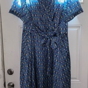 Tahari ASL 24W Plus Size Wrap Dress Blue Geometric Print Belted Midi